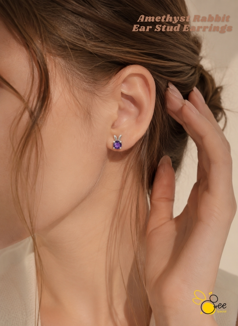 Amethyst Rabbit Ear Stud Earrings