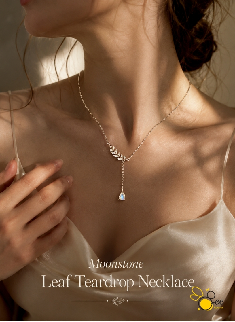 Moonstone Leaf Teardrop Necklace
