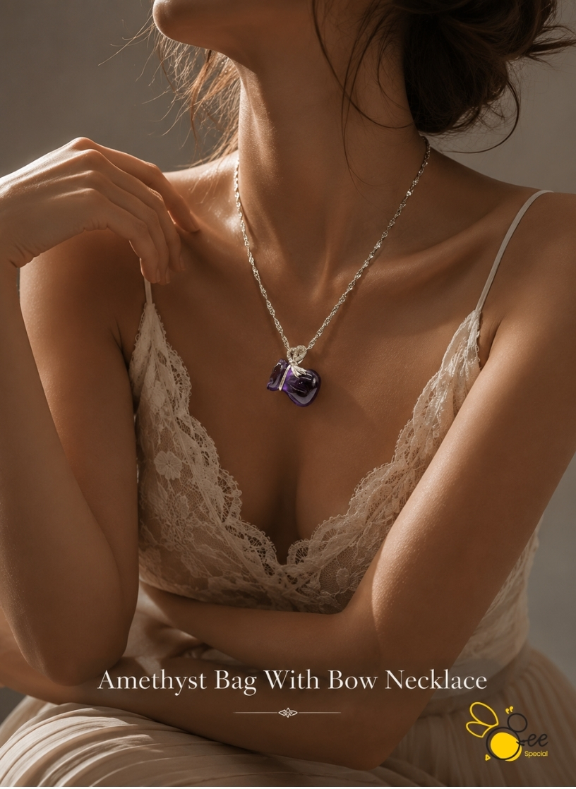 Amethyst Bag With Bow Necklace