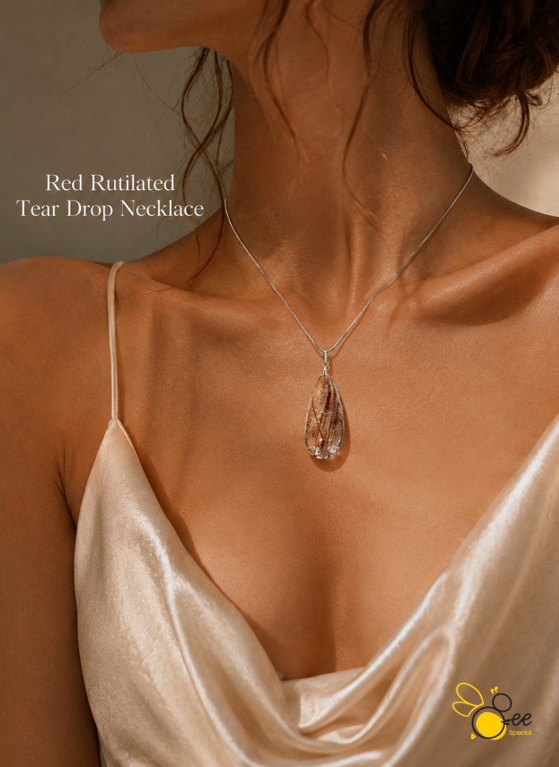 Red Rutilated Tear Drop Necklace