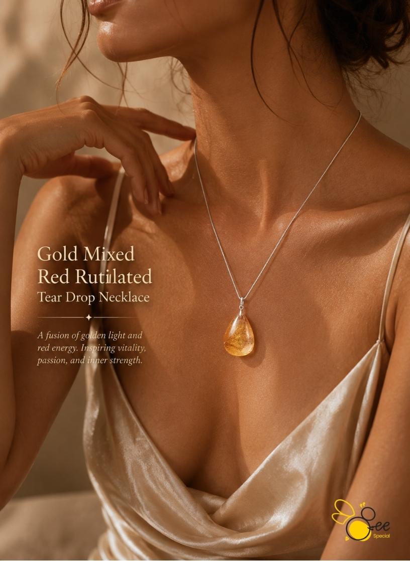 Gold Mixed Red Rutilated Tear Drop Necklace