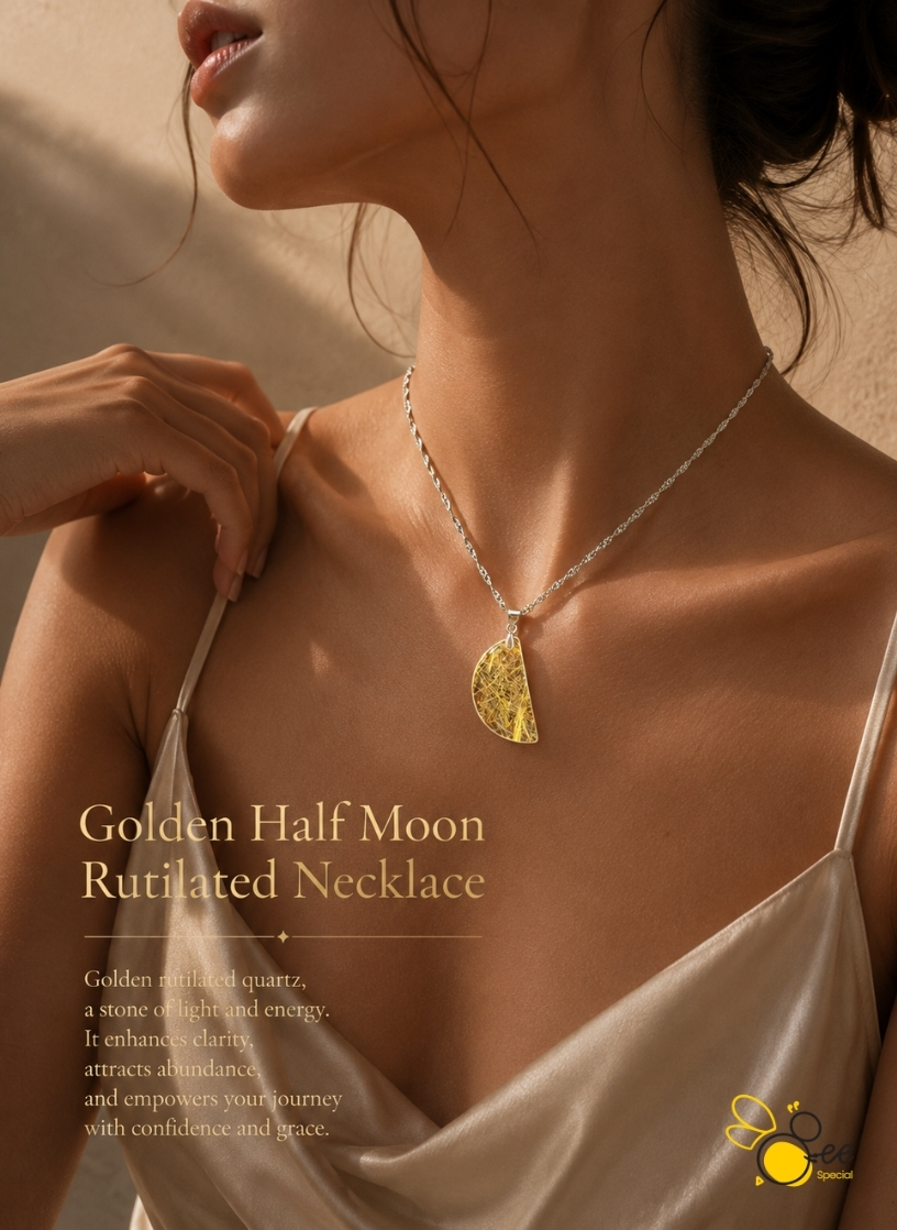 Golden Half Moon Rutilated Necklace